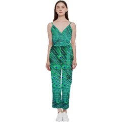 Green And Blue Peafowl Peacock Animal Color Brightly Colored V-neck Spaghetti Strap Tie Front Jumpsuit by Semog4