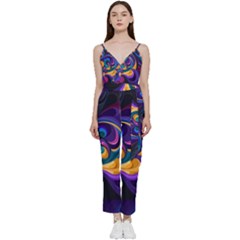 Colorful Waves Abstract Waves Curves Art Abstract Material Material Design V-neck Spaghetti Strap Tie Front Jumpsuit by Semog4