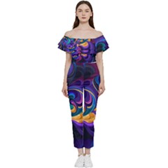 Colorful Waves Abstract Waves Curves Art Abstract Material Material Design Off Shoulder Ruffle Top Jumpsuit by Semog4