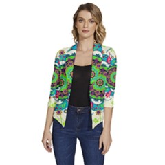 Mandala Flowers Abstract Butterflies Floral Pattern Summer Women s Draped Front 3/4 Sleeve Shawl Collar Jacket by Semog4