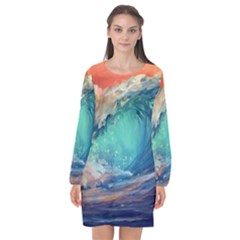 Artistic Wave Sea Long Sleeve Chiffon Shift Dress  by Semog4