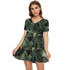 Tropical Leaves Leaf Foliage Monstera Nature Home Tiered Short Sleeve Babydoll Dress by Jancukart