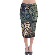 Tropical Leaves Foliage Monstera Nature Home Art Velvet Midi Pencil Skirt by Jancukart