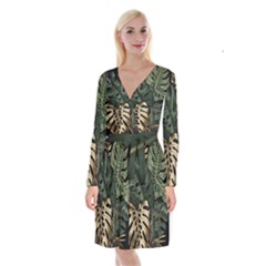 Tropical Leaves Foliage Monstera Nature Home Art Long Sleeve Velvet Front Wrap Dress by Jancukart