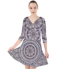 Mandala Circles Drawing Pattern Quarter Sleeve Front Wrap Dress by Semog4