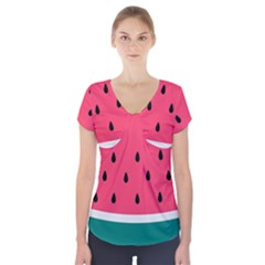 Watermelon Fruit Pattern Short Sleeve Front Detail Top by Semog4