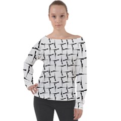 Precision Pursuit: Hunting Motif Black And White Pattern Off Shoulder Long Sleeve Velour Top by dflcprintsclothing