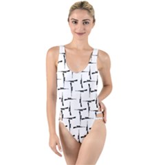 Precision Pursuit: Hunting Motif Black And White Pattern High Leg Strappy Swimsuit by dflcprintsclothing