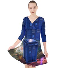 The Police Box Tardis Time Travel Device Used Doctor Who Quarter Sleeve Front Wrap Dress by Semog4