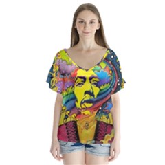 Psychedelic Rock Jimi Hendrix V-neck Flutter Sleeve Top by Semog4