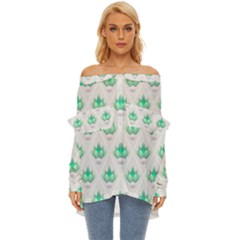 Plant Pattern Green Leaf Flora Off Shoulder Chiffon Pocket Shirt by Semog4