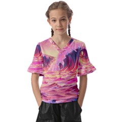 Wave Waves Ocean Sea Kids  V-neck Horn Sleeve Blouse by Ravend