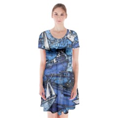 Boat Ship Background Pattern Short Sleeve V-neck Flare Dress by Ravend