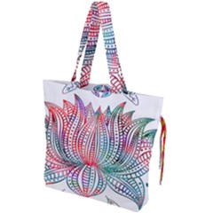 Lotus Feathers Boho Watercolor Drawstring Tote Bag by Salman4z