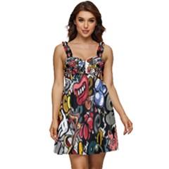 Mural Graffiti Paint Ruffle Strap Babydoll Chiffon Dress by Salman4z