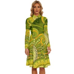 Doodles Patterns Ornament Vector Flowers Green Long Sleeve Shirt Collar A-line Dress by Salman4z