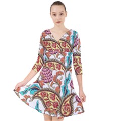 Flowers Pattern Texture White Background Paisley Quarter Sleeve Front Wrap Dress by Salman4z