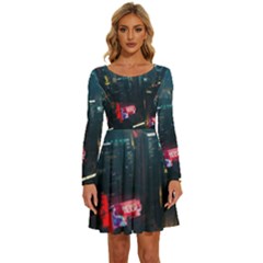 Cityscape Digital Art Long Sleeve Wide Neck Velvet Dress by Salman4z