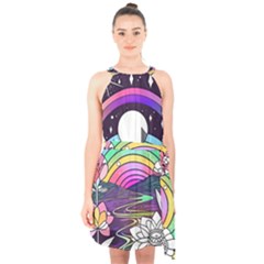 Rainbow Fun Cute Minimal Doodle Drawing Art Halter Collar Waist Tie Chiffon Dress by Jancukart