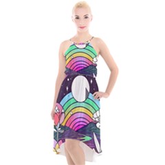 Rainbow Fun Cute Minimal Doodle Drawing Art High-low Halter Chiffon Dress  by Jancukart