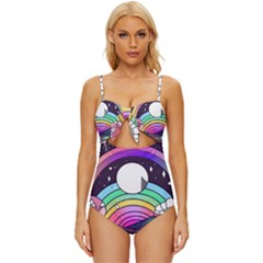 Rainbow Fun Cute Minimal Doodle Drawing Art Knot Front One-piece Swimsuit by Jancukart