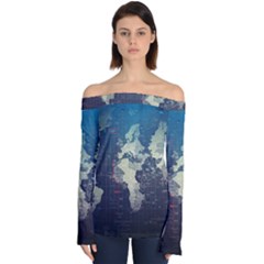 Vintage World Map Illustration Artwork Water Drop Digital Art Arts Off Shoulder Long Sleeve Top by Sudheng