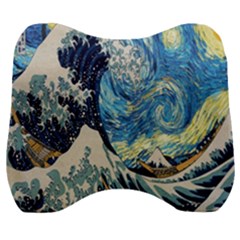 The Great Wave Of Kanagawa Painting Starry Night Van Gogh Velour Head Support Cushion by Sudheng