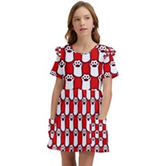 Red And White Cat Paws Kids  Frilly Sleeves Pocket Dress by ConteMonfrey