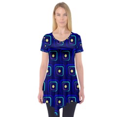 Blue Neon Squares - Modern Abstract Short Sleeve Tunic  by ConteMonfrey