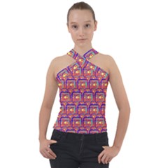 Pink Yellow Neon Squares - Modern Abstract Cross Neck Velour Top by ConteMonfrey