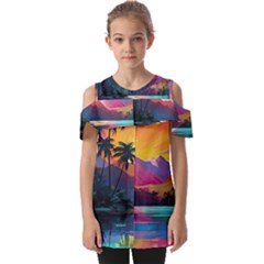 Ai Generated Tropical Island Sunset Landscape Fold Over Open Sleeve Top by Wegoenart