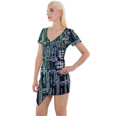 Printed Circuit Board Circuits Short Sleeve Asymmetric Mini Dress by Celenk