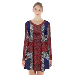 Union Jack Flag Uk Patriotic Long Sleeve Velvet V-neck Dress by Celenk