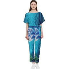 Blue Forrest Jungle,tree Trees Nature Landscape Batwing Lightweight Chiffon Jumpsuit by Uceng