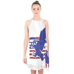 Usa Flag Eagle Symbol American Bald Eagle Country Halter Collar Waist Tie Chiffon Dress by Wegoenart