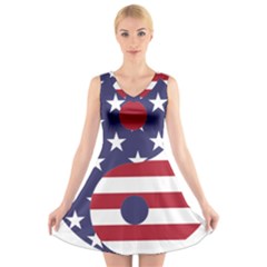 Yang Yin America Flag Abstract Art Asian Balance V-neck Sleeveless Dress by Wegoenart