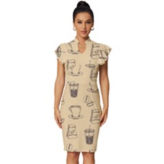 Coffee-56 Vintage Frill Sleeve V-neck Bodycon Dress by nateshop