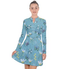 Butterflies Flowers Blue Background Spring Pattern Long Sleeve Panel Dress by Ravend