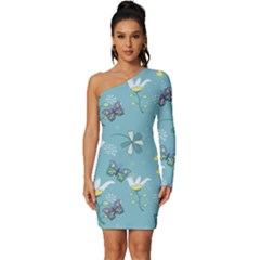 Butterflies Flowers Blue Background Spring Pattern Long Sleeve One Shoulder Mini Dress by Ravend