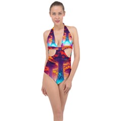 Sci-fi Fantasy Art Painting Colorful Pattern Halter Front Plunge Swimsuit by Ravend
