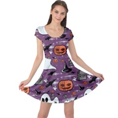 Pumpkin Ghost Witch Hat Halloween Sketch Holiday Cap Sleeve Dress by Ravend