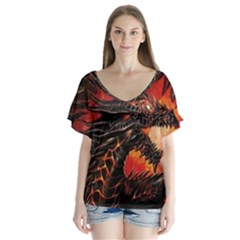 Dragon V-neck Flutter Sleeve Top by Salman4z