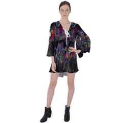 Grunge Paint Splatter Splash Ink V-neck Flare Sleeve Mini Dress by Salman4z