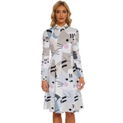 Cute Cat Couple Seamless Pattern Cartoon Long Sleeve Shirt Collar A-line Dress by Salman4z