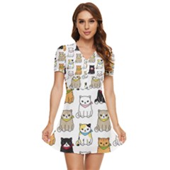 Cat Kitten Seamless Pattern V-neck High Waist Chiffon Mini Dress by Salman4z