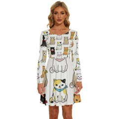 Cat Kitten Seamless Pattern Long Sleeve Wide Neck Velvet Dress by Salman4z