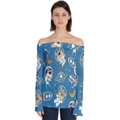 Seamless-pattern-funny-astronaut-outer-space-transportation Off Shoulder Long Sleeve Top by Salman4z