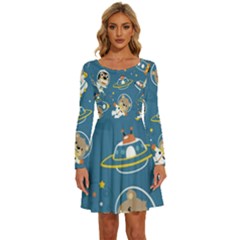 Seamless-pattern-funny-astronaut-outer-space-transportation Long Sleeve Wide Neck Velvet Dress by Salman4z