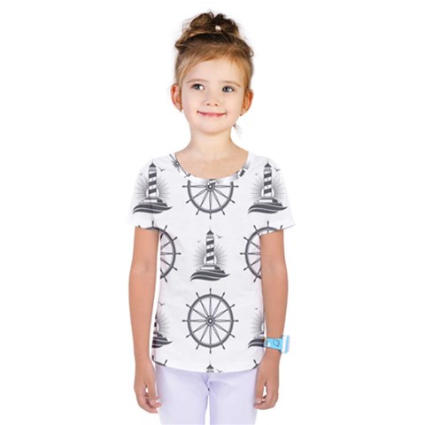 Marine Nautical Seamless Pattern With Vintage Lighthouse Wheel Kids  One Piece Tee by Salman4z