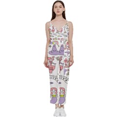 Fantasy-things-doodle-style-vector-illustration V-neck Spaghetti Strap Tie Front Jumpsuit by Salman4z